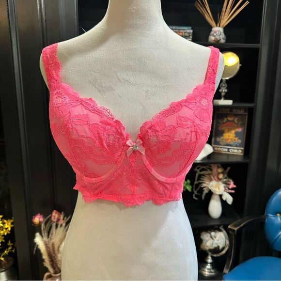 Victoria's Secret Hot Pink Lace Bustier Bra Size 34 DD - Picture 1 of 9